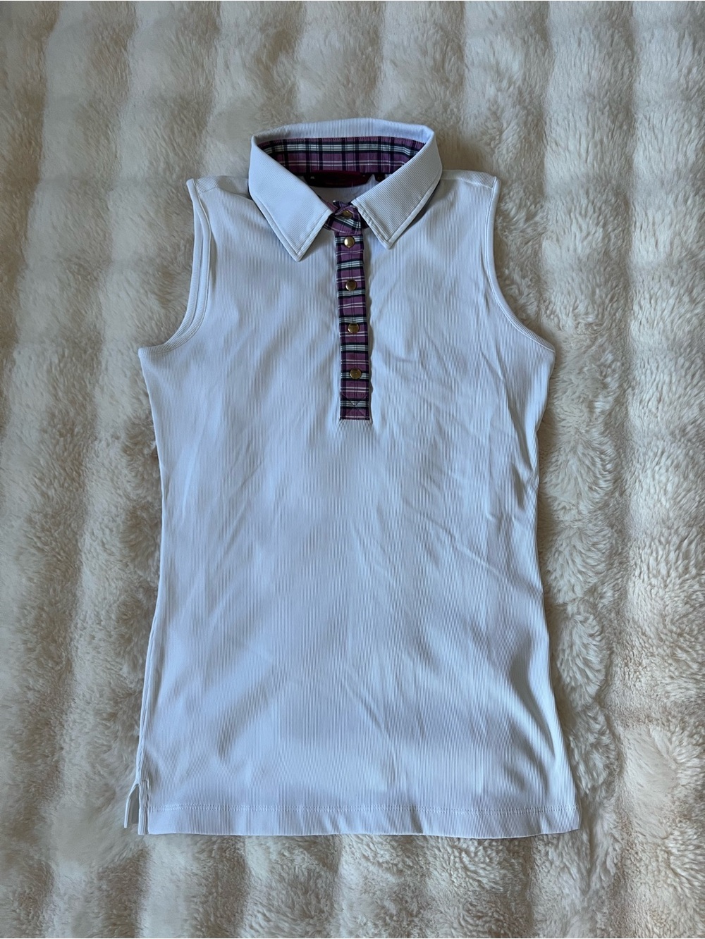 BRENDRATTI Sleeveless White Polo Top with Purple Plaid Trim